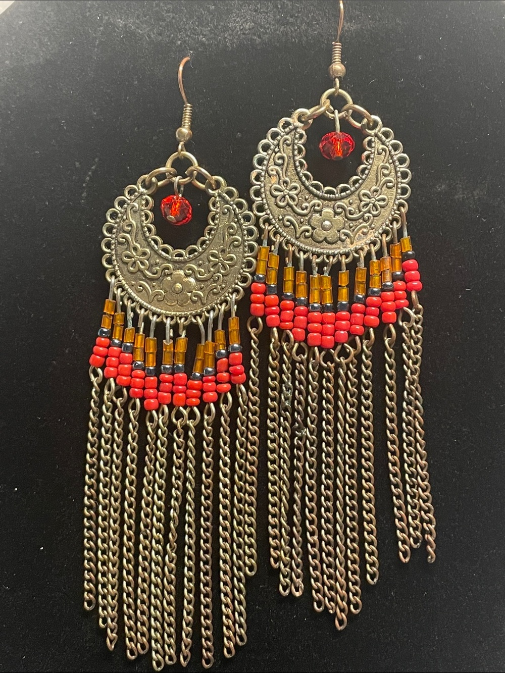 Bohemian Red Beaded Fringe Dangle Earrings